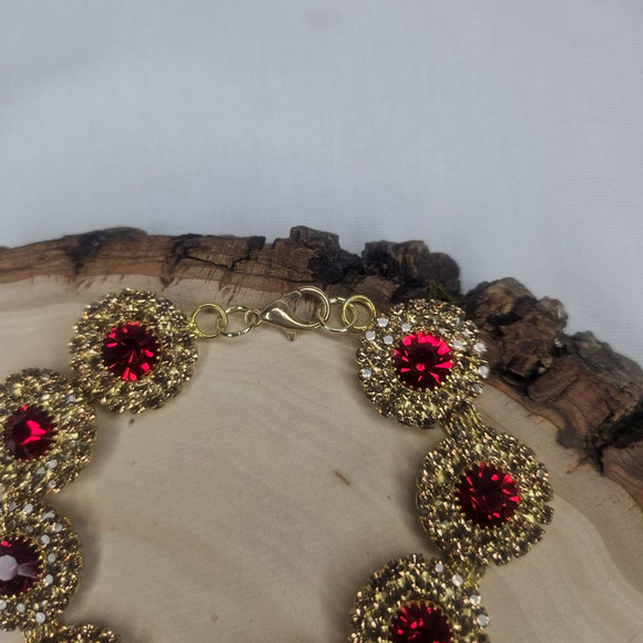 Vintage look India Red and Gold 8" Flower Rhinestone Rakhi Flower Bracelet - Picture 5 of 10